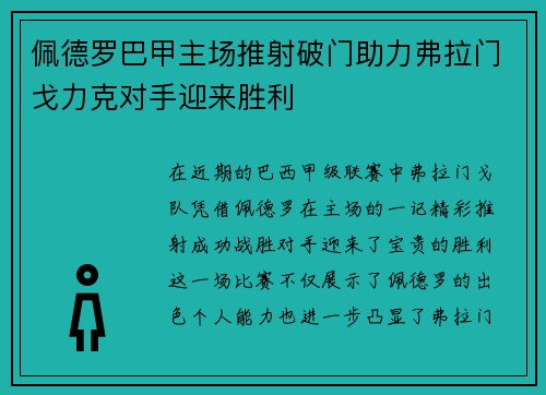 佩德罗巴甲主场推射破门助力弗拉门戈力克对手迎来胜利 佩德罗巴甲主场推射破门助力弗拉门戈力克对手迎来胜利
