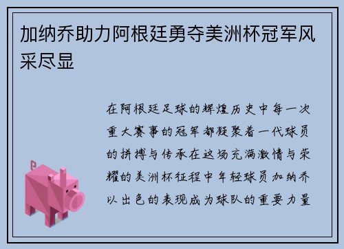 加纳乔助力阿根廷勇夺美洲杯冠军风采尽显 加纳乔助力阿根廷勇夺美洲杯冠军风采尽显